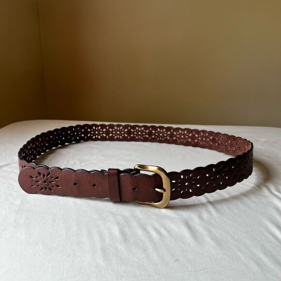 Brown Leather Perforated Belt Brass Tone Buckle Boho Western Casual Women’s 2X - Picture 1 of 6